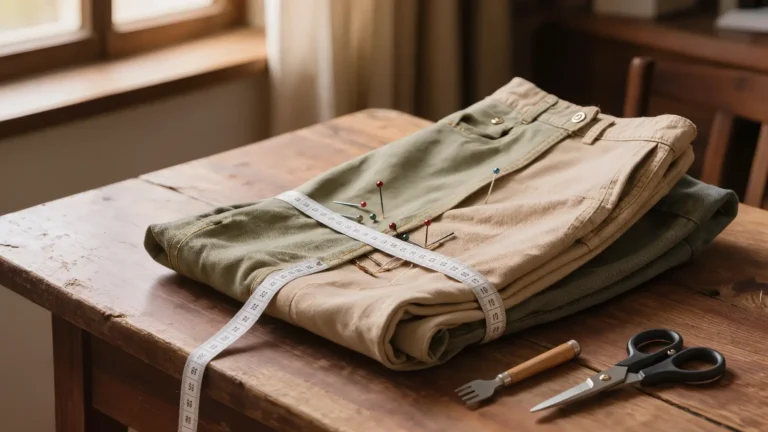Pantalón doblado sobre la mesa de costura con cinta métrica y alfileres para ajustar la cintura
