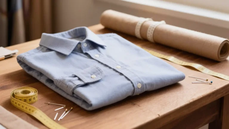 Camisa de manga larga doblada sobre una mesa de costura con cinta métrica y alfileres