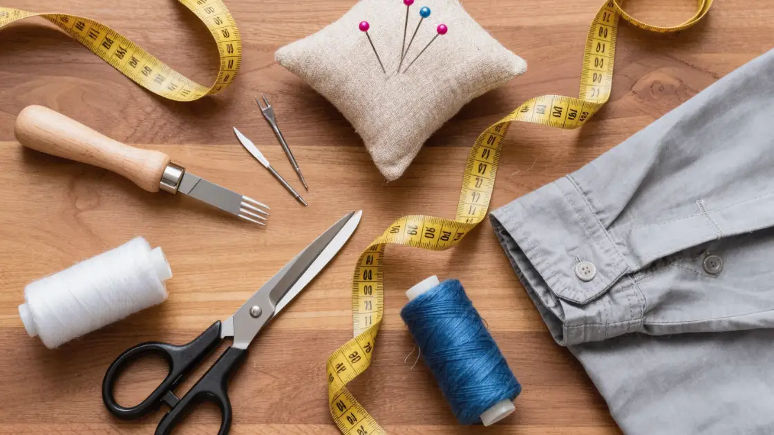 Herramientas de costura: descosedor, tijera, alfileres, hilo y cinta métrica sobre una mesa de madera