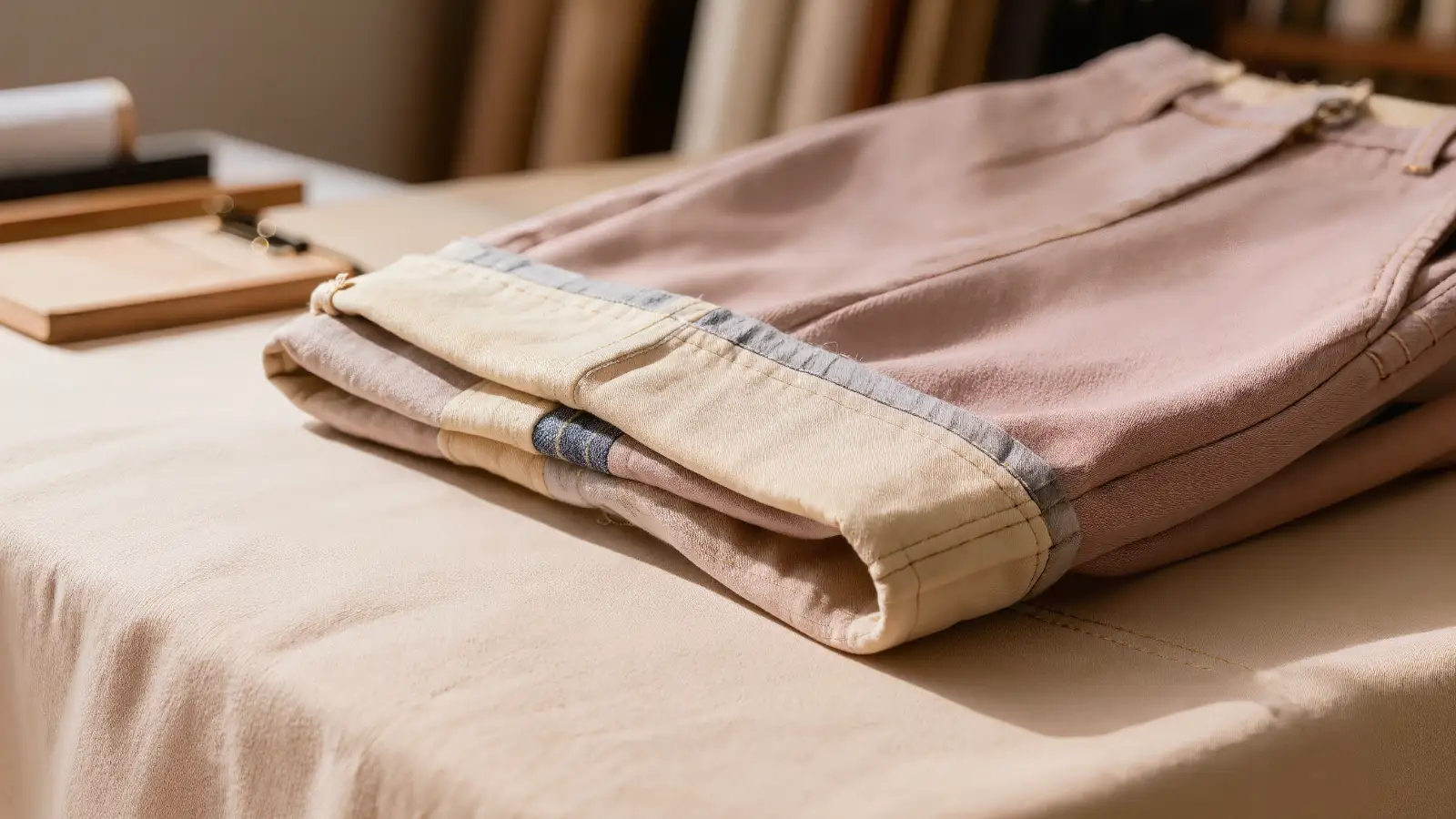 Ruedo de pantalón alargado con banda de tela contrastante