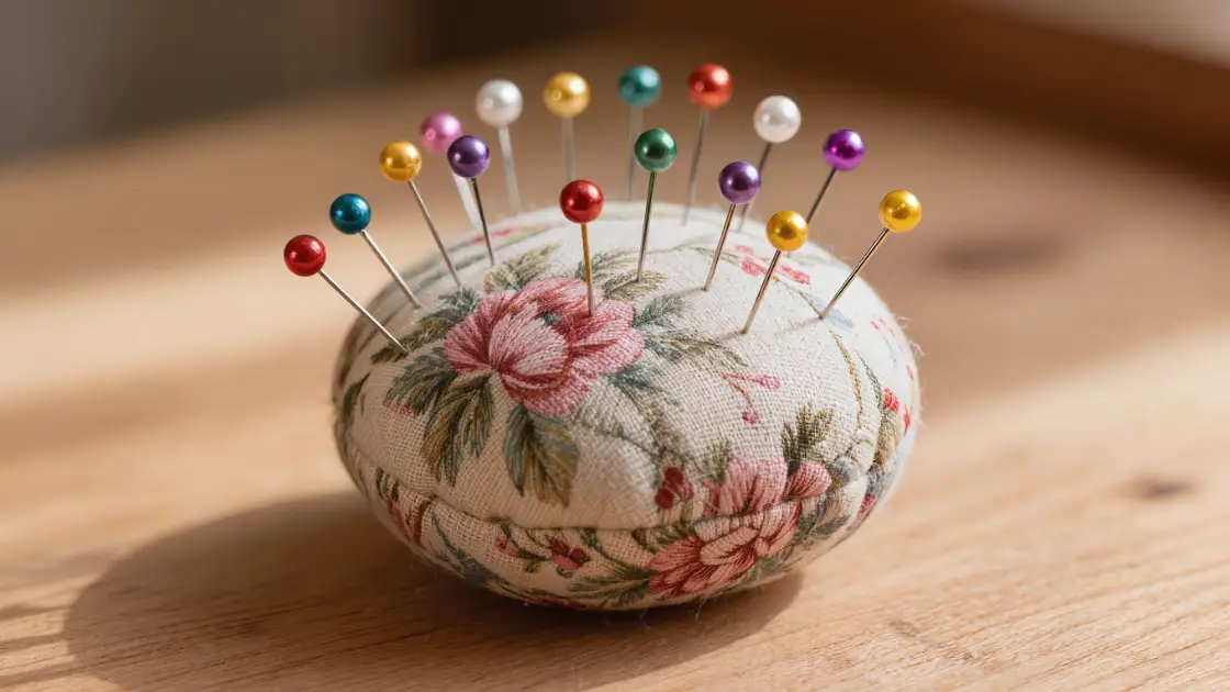 Alfiletero de pulsera bien relleno y abombado con muchos alfileres de colores clavados