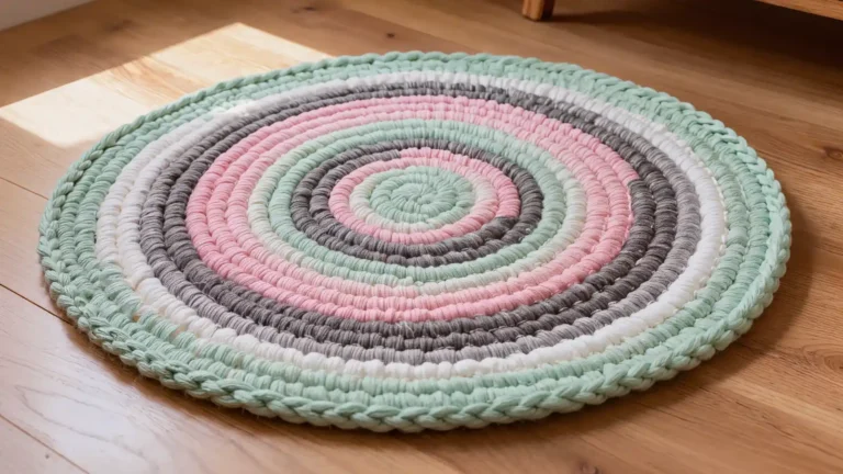Alfombra redonda trenzada hecha con tiras de camisetas recicladas en tonos pastel sobre piso de madera