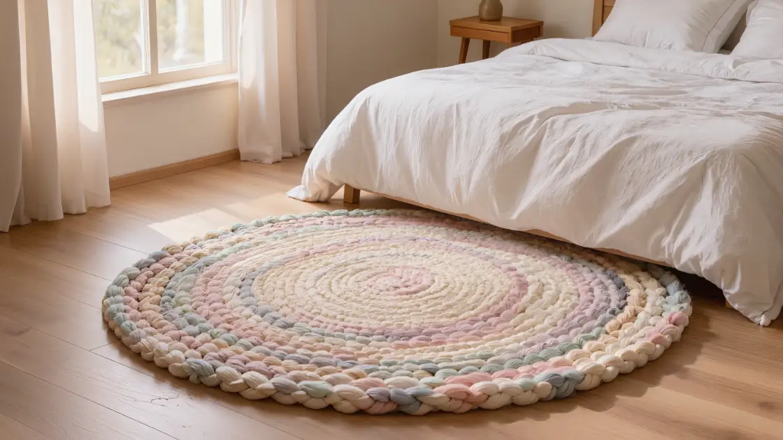 Alfombra redonda de tiras de camiseta reciclada en tonos pastel junto a una cama con ropa de cama blanca