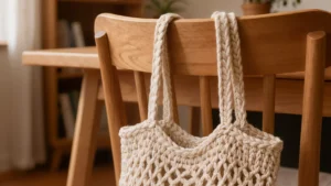 Primer plano de un bolso de crochet beige con asas tejidas gruesas y firmes colgado de una silla de madera