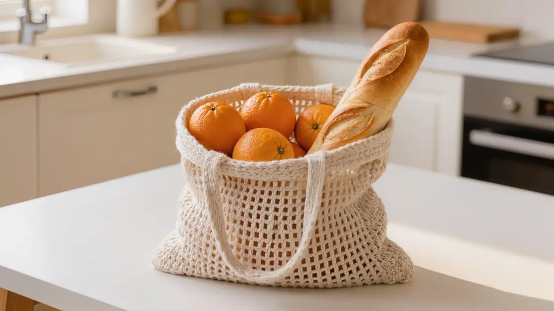 Bolso de mercado de crochet beige lleno de naranjas y un pan, con las asas firmes aguantando el peso sin estirarse