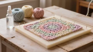 Tejido de crochet en color pastel bloqueado sobre un tapete con alfileres