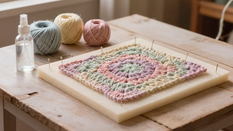 Tejido de crochet en color pastel bloqueado sobre un tapete con alfileres