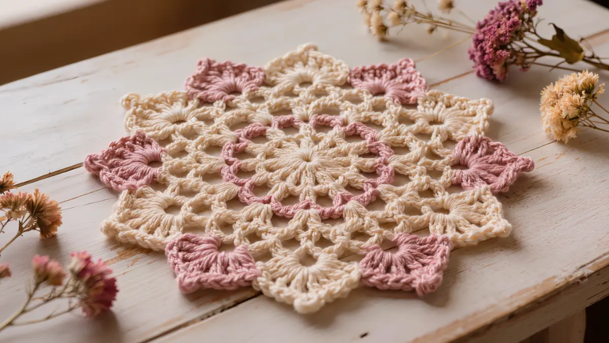 Mandala de crochet con bordes parejos después del bloqueo