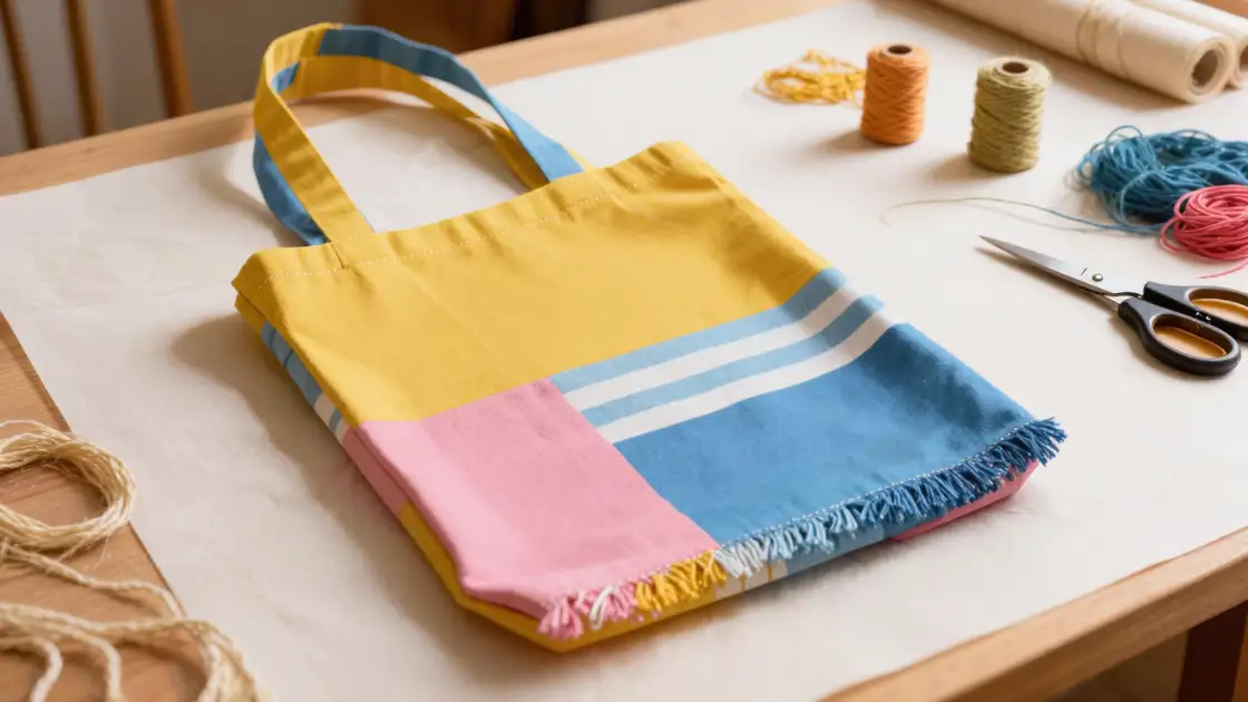 Bolsa terminada hecha con una camiseta reciclada con base anudada
