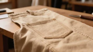Bolsillo de parche bien cosido con pespunte parejo en un pantalón