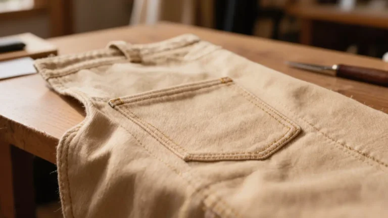 Bolsillo de parche bien cosido con pespunte parejo en un pantalón