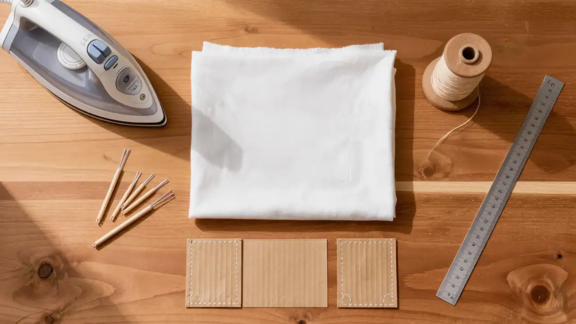 Plancha, tela, alfileres, regla y plantilla de cartón sobre una mesa de madera
