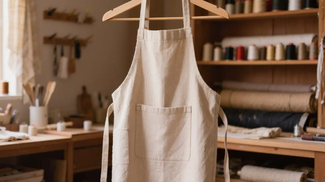 Delantal de lino con un bolsillo de parche perfectamente terminado, colgado en un atelier