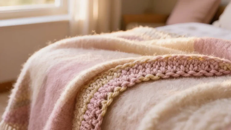 Borde de crochet de una manta apoyado plano sin ondulaciones lana pastel