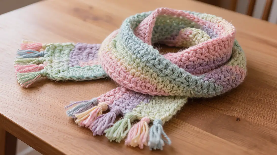 Bufanda de crochet con flecos y borlas en las puntas