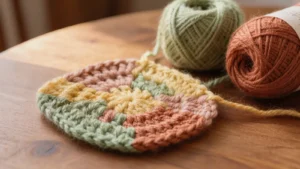 Tejido de crochet en dos colores con un cambio de color limpio y ovillos al lado