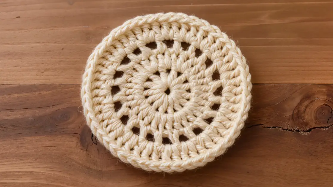 Circulo de crochet en lana crema con el centro perfectamente cerrado sin agujero