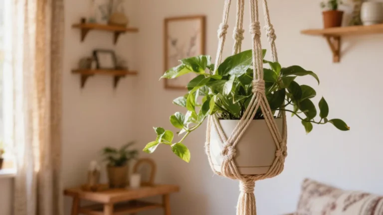 Colgante de macrame de algodon con una planta en maceta en un rincon