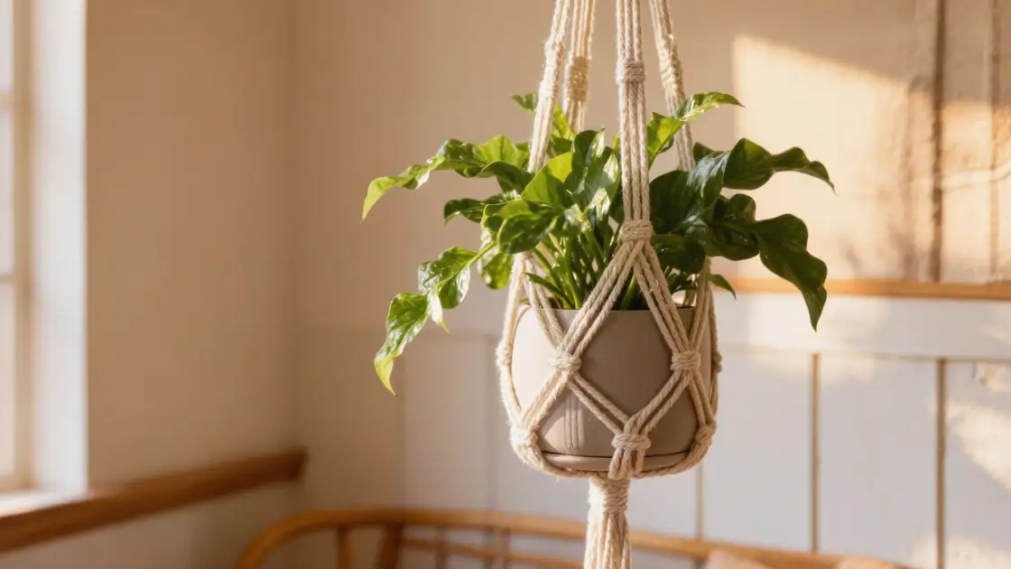 Colgante de macrame terminado sosteniendo una planta verde colgado