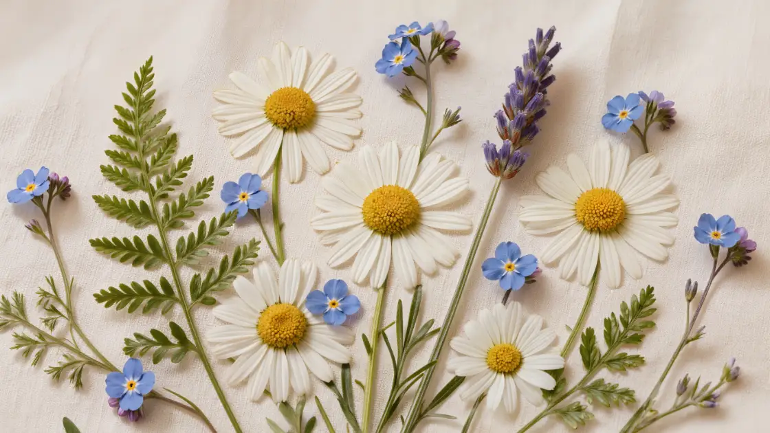 Composicion de margaritas, nomeolvides, helechos y lavanda prensados sobre fondo crema lista para enmarcar