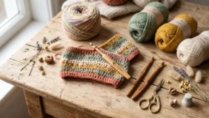 Crochet: novelos de lana de colores, agujas y labor de ganchillo sobre mesa de madera