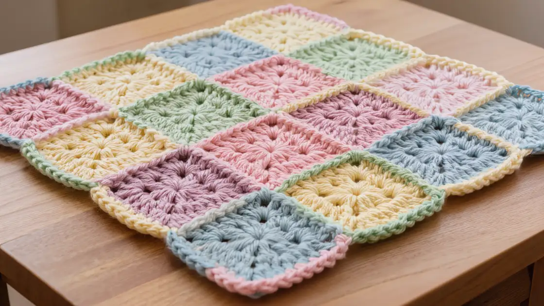 Varios cuadrados de crochet planos unidos en manta