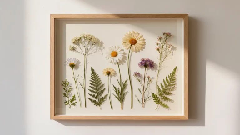 Cuadro botanico de flores secas prensadas bajo vidrio en marco de madera colgado en la pared