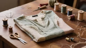 Blusa pastel sobre la mesa de costura con el escote ligeramente abierto y disparejo