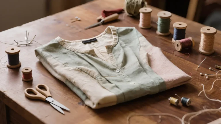Blusa pastel sobre la mesa de costura con el escote ligeramente abierto y disparejo