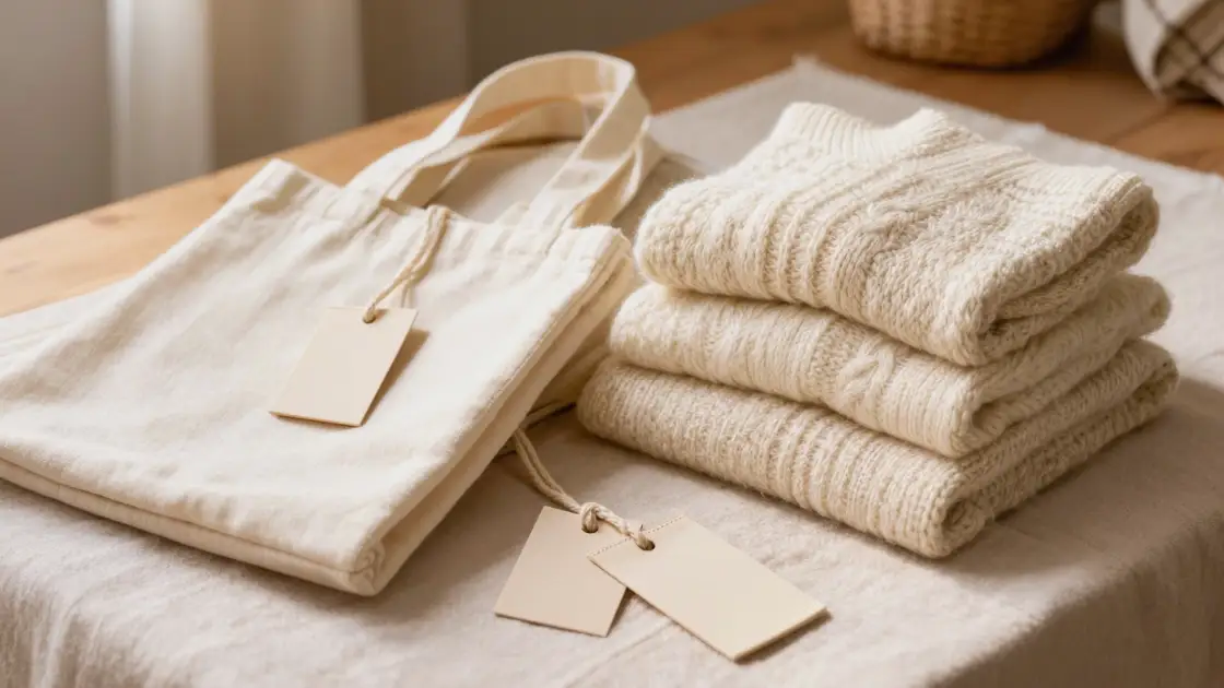 Prendas tejidas y una bolsa de tela con pequeñas etiquetas personalizadas cosidas