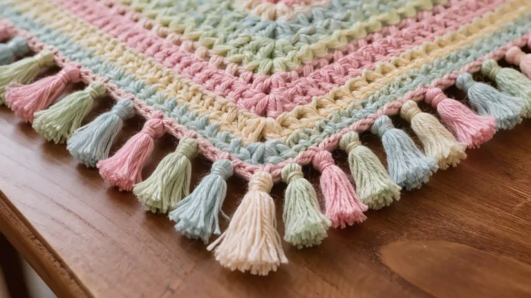 Flecos y una borla en el borde de un chal de crochet pastel