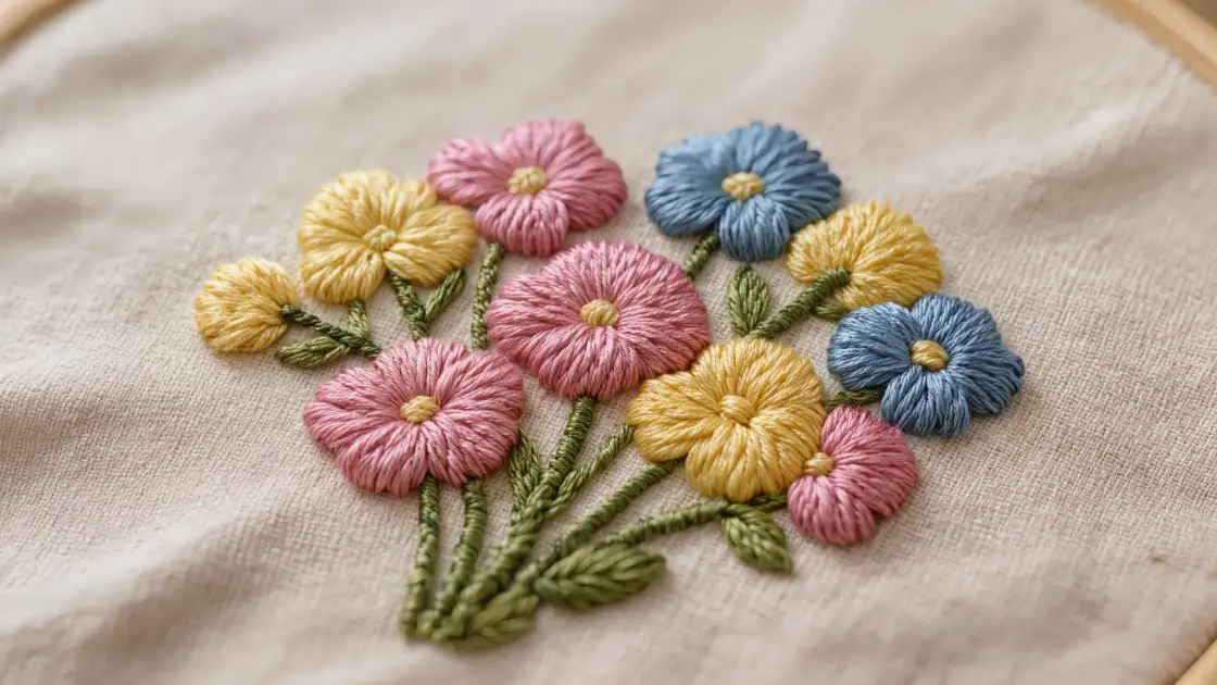 Flores de nudos franceses rosados, amarillos y azules