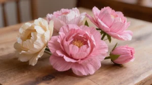Flores de papel crepé rosadas y crema con pétalos delicados