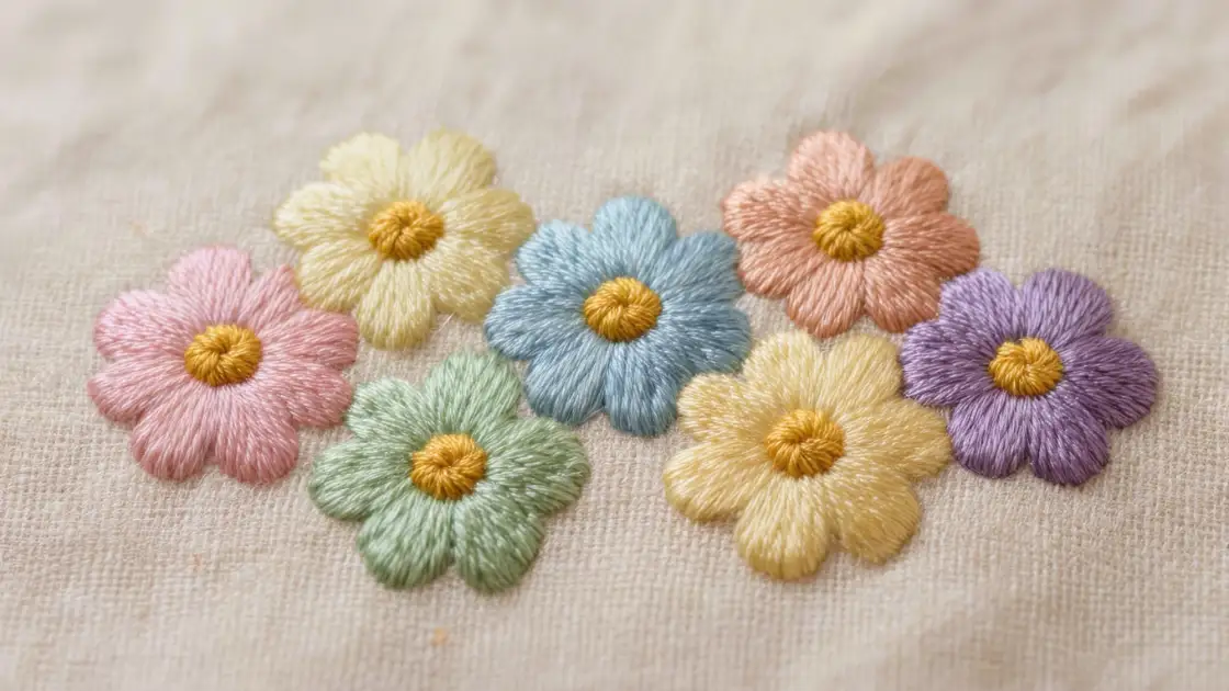 Ramo de flores de punto margarita bordadas en lino con petalos parejos