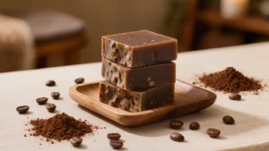Jabones artesanales de café con textura moteada apilados en una bandeja de madera con granos y café molido alrededor