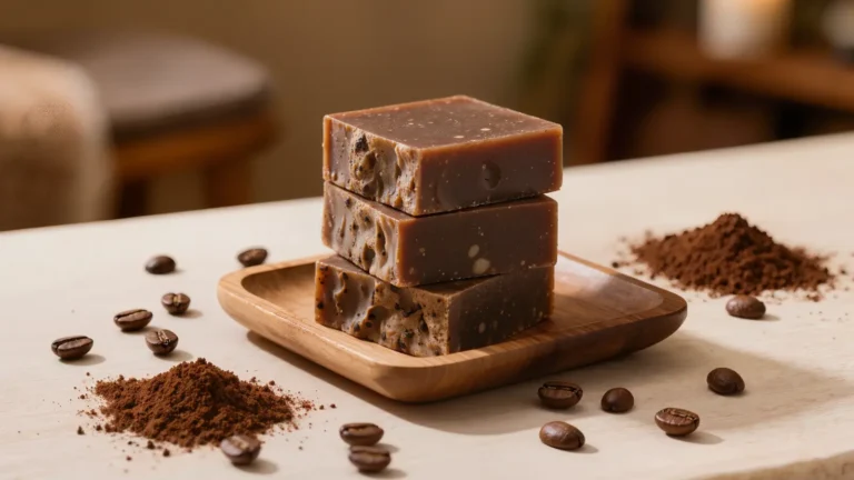 Jabones artesanales de café con textura moteada apilados en una bandeja de madera con granos y café molido alrededor