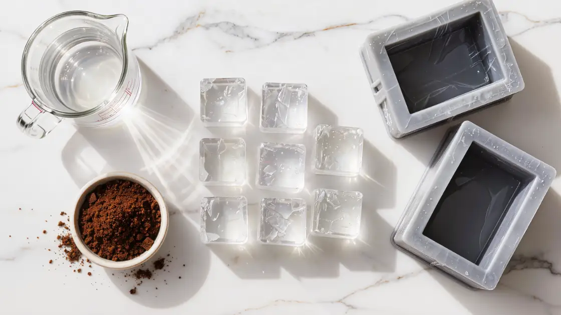 Base de glicerina en cubos, bol con borra de café usada, moldes de silicona y jarra de vidrio sobre mesada de mármol