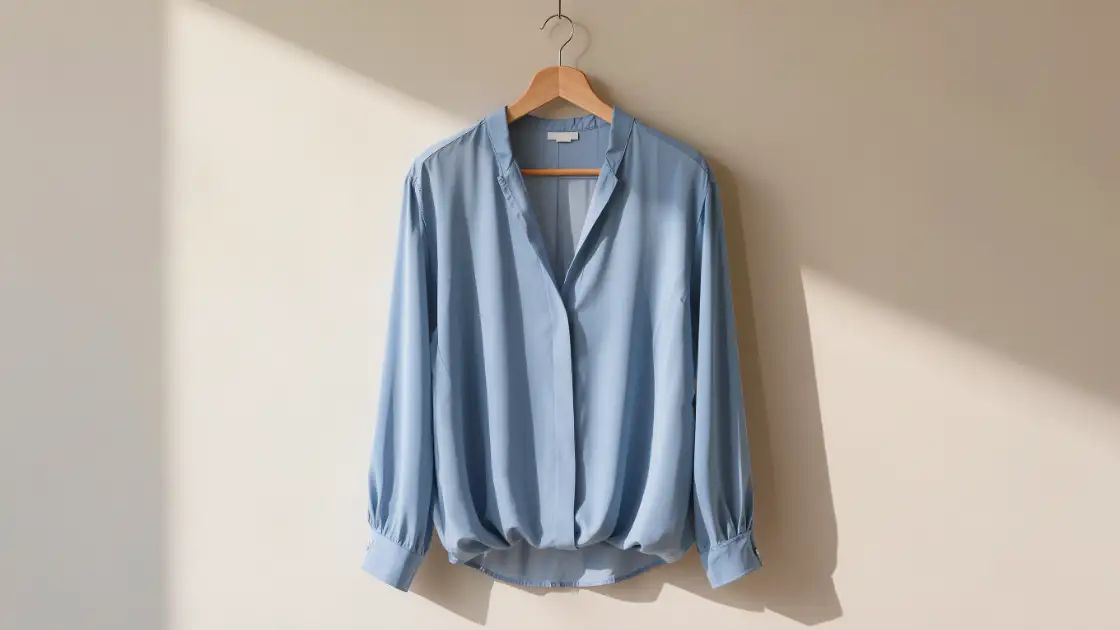 Blusa celeste con mangas montadas lisas colgada en una percha de madera contra una pared neutra