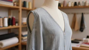 Hombro de una blusa de chambray con la manga montada perfectamente lisa sobre un maniquí de costura