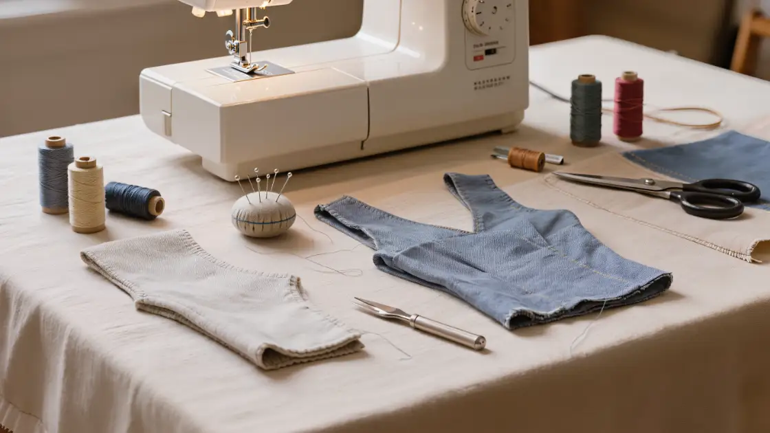 Pieza de manga y piezas del cuerpo en chambray claro con alfileres, descosedor, hilos y tijeras sobre la mesa de costura