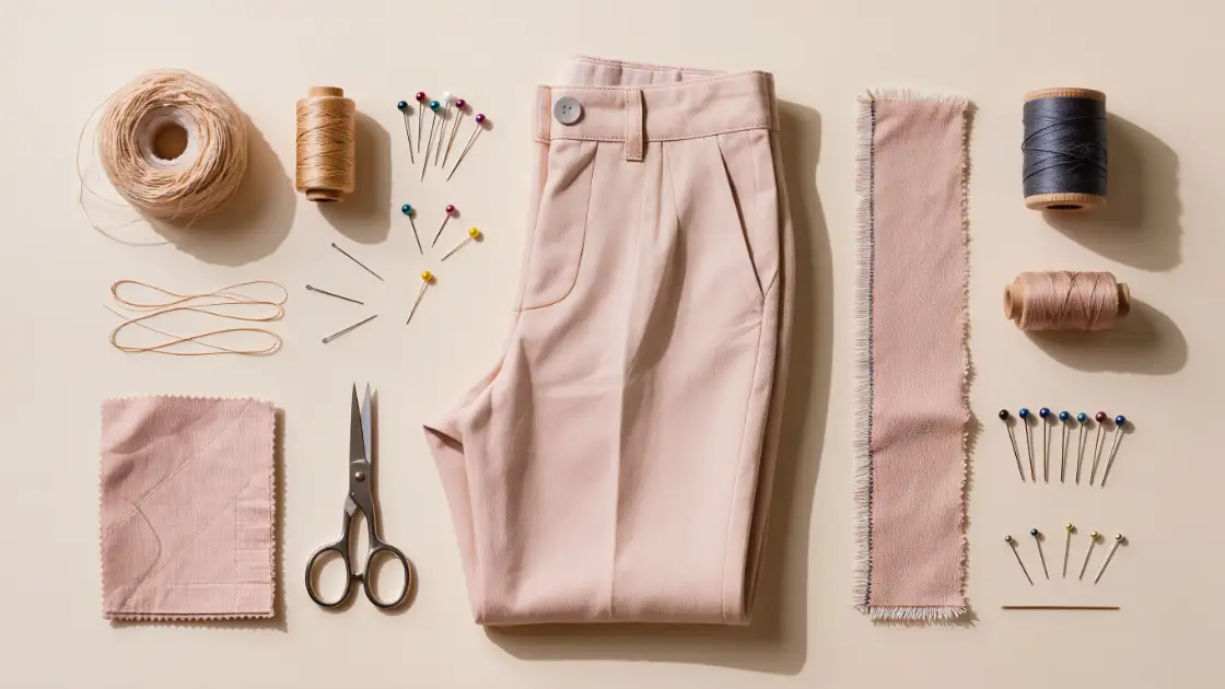 Pantalón, tira de tela contrastante, alfileres e hilo