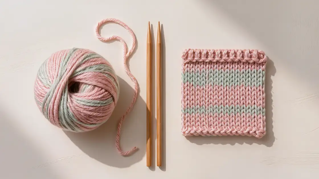 Agujas de tejer, lana pastel y muestra con borde de musgo