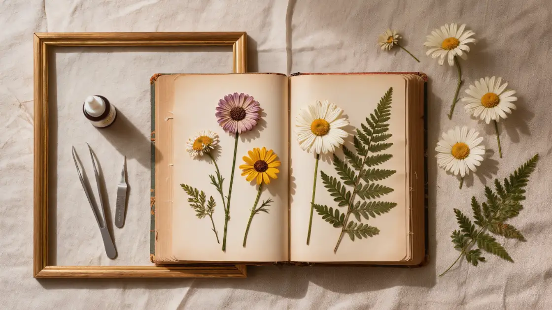 Libro grueso con papel absorbente y flores prensadas, marco de madera con vidrio, pinza y pegamento