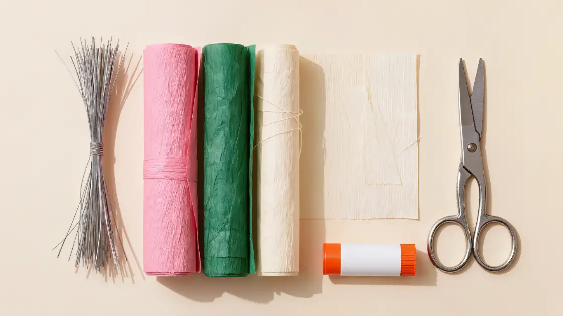 Rollos de papel crepé, alambre floral, tijera y pegamento