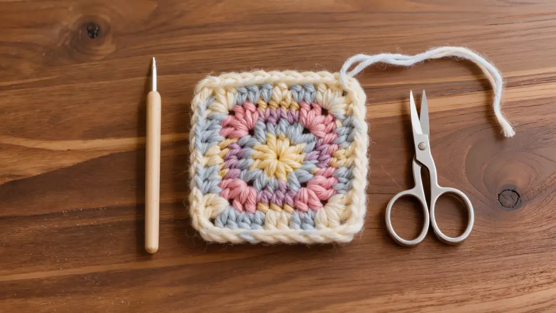 Muestra de crochet con hebras sueltas, aguja lanera y tijera