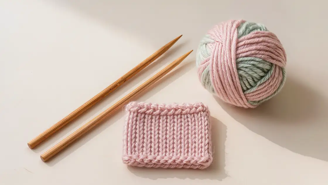 Agujas de tejer, lana pastel y muestra de elástico