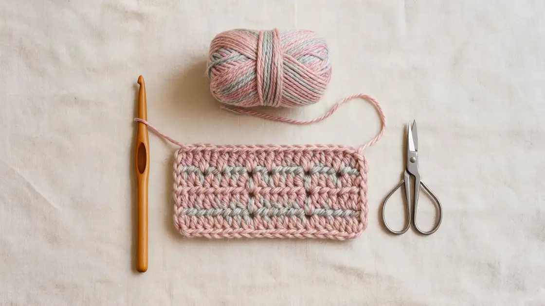 Ganchillo ovillo pastel y una muestra de crochet con su orilla sobre lino
