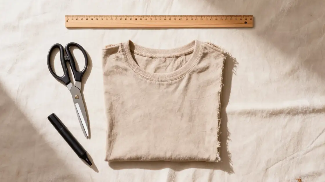 Camiseta doblada tijeras regla y marcador sobre superficie de lino