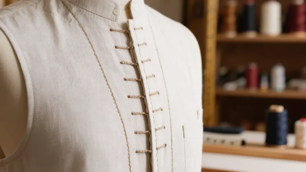 Ojales bien cosidos en la tapeta de una camisa de tela clara