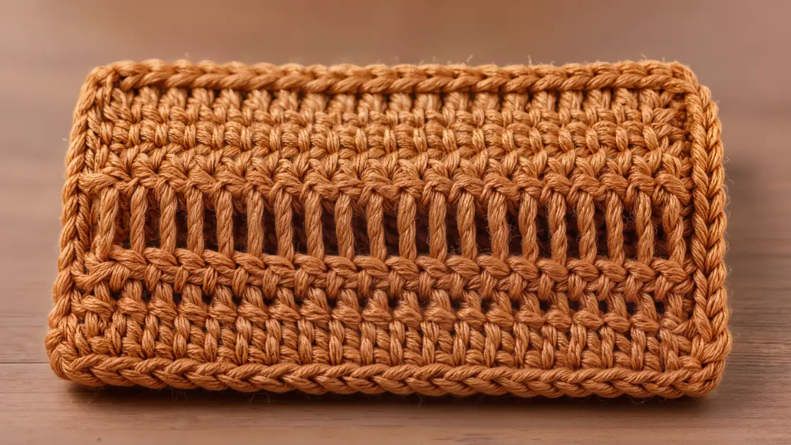 Panel terminado de crochet tunecino doblado mostrando la textura de cuadros del punto simple